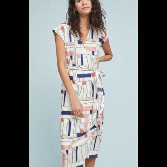 Anthropologie ivory blue red pink Silk WrapDress S - Picture 3 of 4